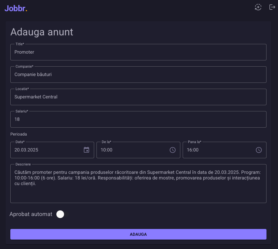 Manager de magazin folosind aplicația Jobbr